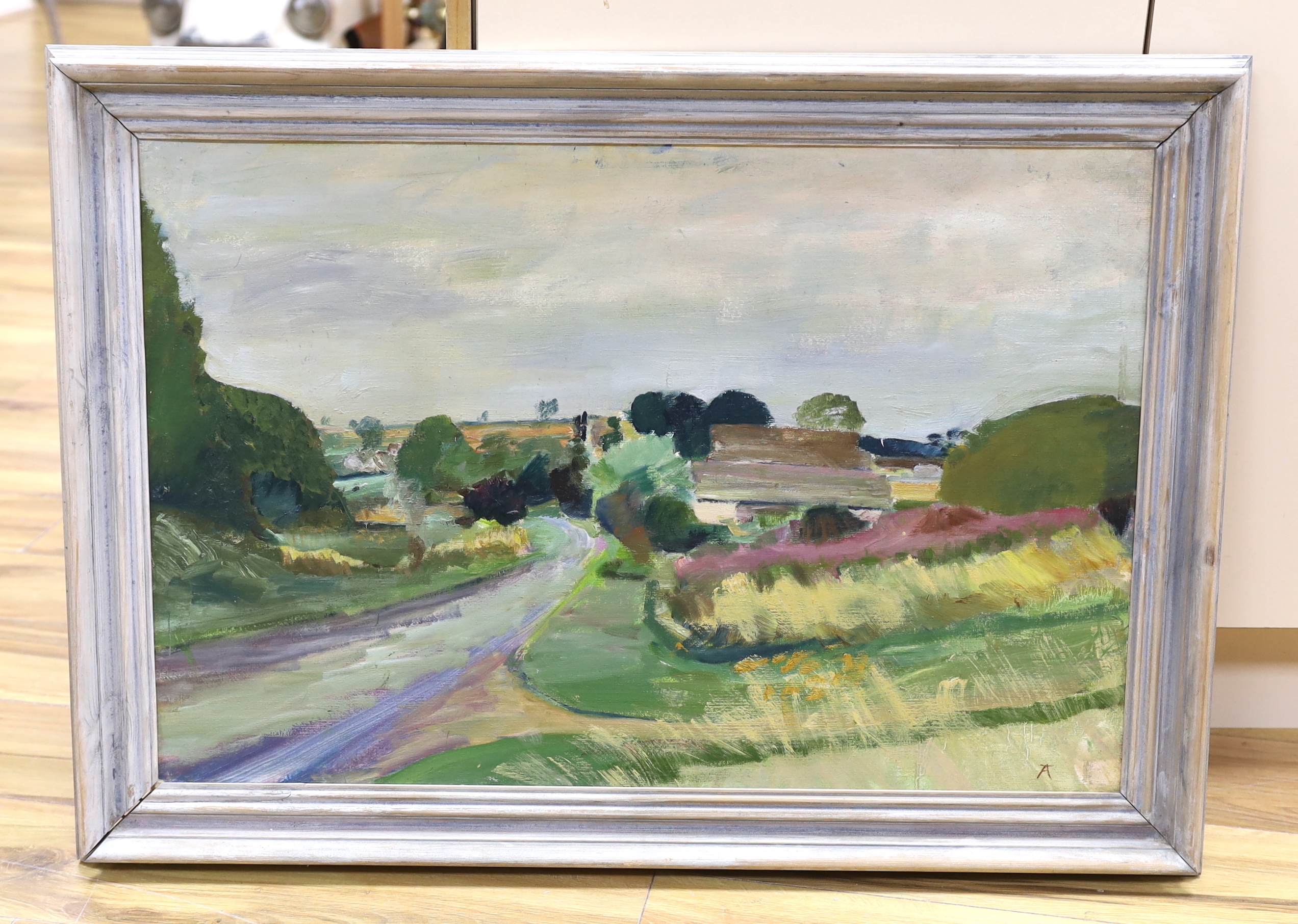 Alan Thornhill, impressionist oil on board, Sapperton, Gloucestershire, signed with monogram, 49 x 75cm